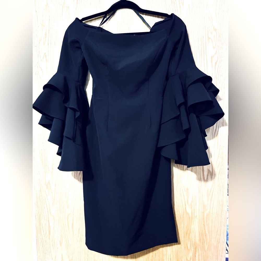 Milly Selena Navy Double Ruffle Off The Shoulder Three Quarter Cascade Sleeve